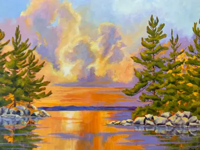 painting of sunset lake and trees